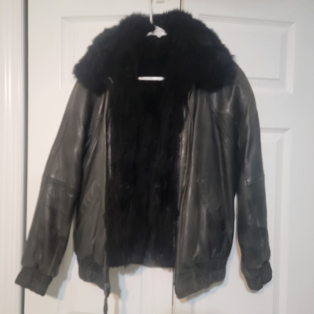 Andrew Marc Dark Leather Jacket with Fur Collar